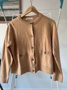 Zara Beige Button-Front Pocket Knit Cardigan